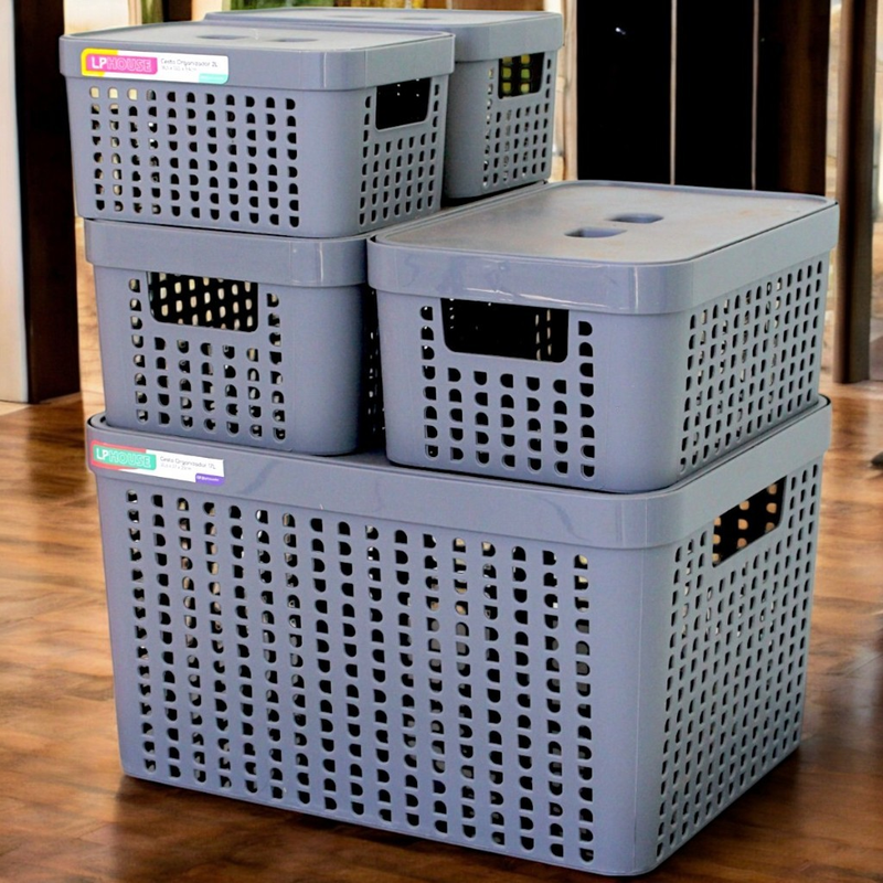 Kit 5 Caixas Organizadoras com Tampa Cesto Grande de Plástico