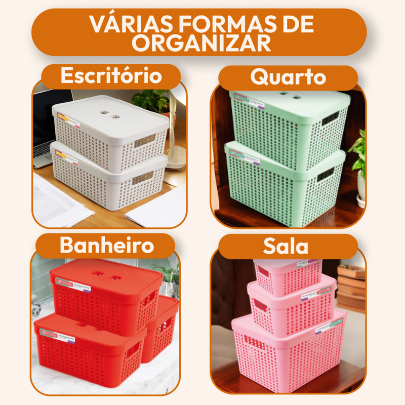 Kit 5 Caixas Organizadoras com Tampa Cesto Grande de Plástico 2 Litros 4,5 Litros 17 Litros