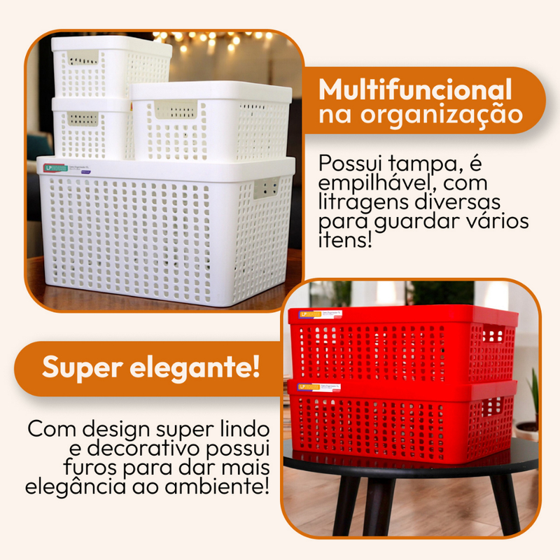 Kit 5 Caixas Organizadoras com Tampa Cesto Grande de Plástico 2 Litros 4,5 Litros 17 Litros