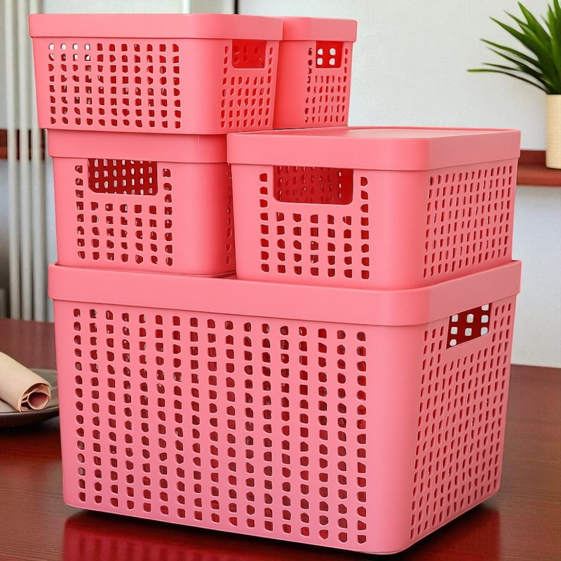 Kit 5 Caixas Organizadoras com Tampa Cesto Grande de Plástico