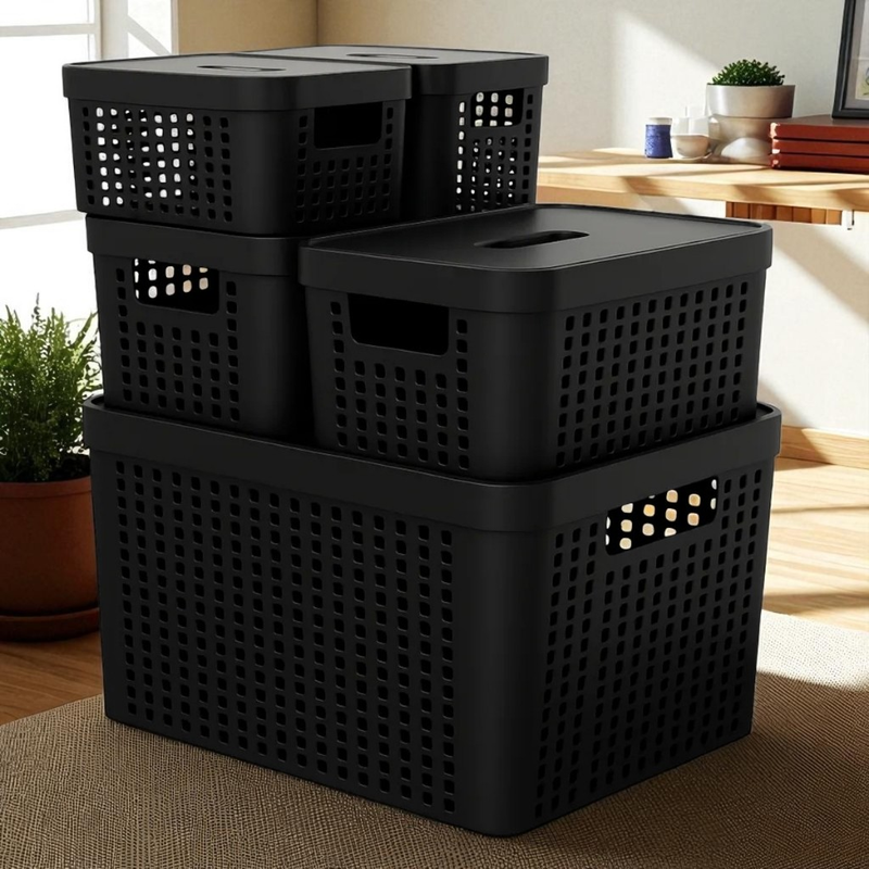 Kit 5 Caixas Organizadoras com Tampa Cesto Grande de Plástico