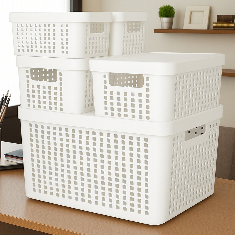 Kit 5 Caixas Organizadoras com Tampa Cesto Grande de Plástico