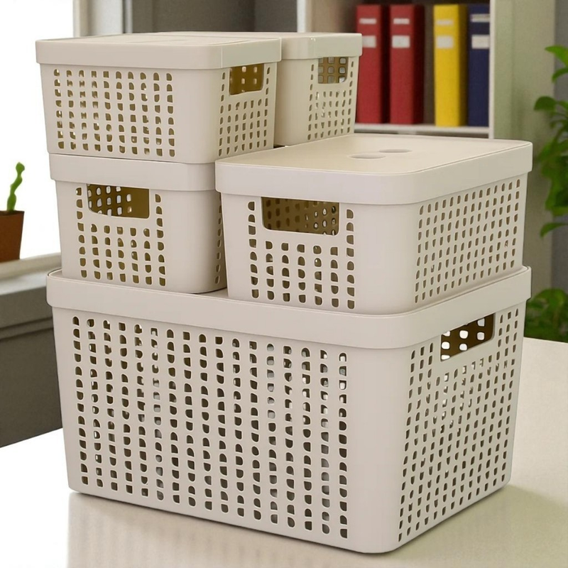 Kit 5 Caixas Organizadoras com Tampa Cesto Grande de Plástico 2 Litros 4,5 Litros 17 Litros