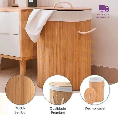 Cesto de Roupa Bambu Retangular Redondo Com Tampa Cesto Organizador Roupa Suja Alças Banheiro Bege
