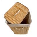 Cesto de Roupa Bambu Retangular Redondo Com Tampa Cesto Organizador Roupa Suja Alças Banheiro Bege