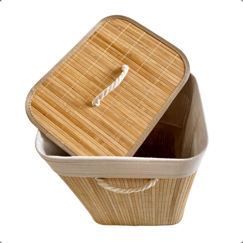 Cesto de Roupa Bambu Retangular Redondo Com Tampa Cesto Organizador Roupa Suja Alças Banheiro Bege