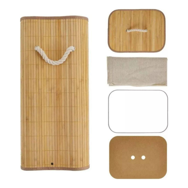 Cesto de Roupa Bambu Retangular Redondo Com Tampa Cesto Organizador Roupa Suja Alças Banheiro Bege
