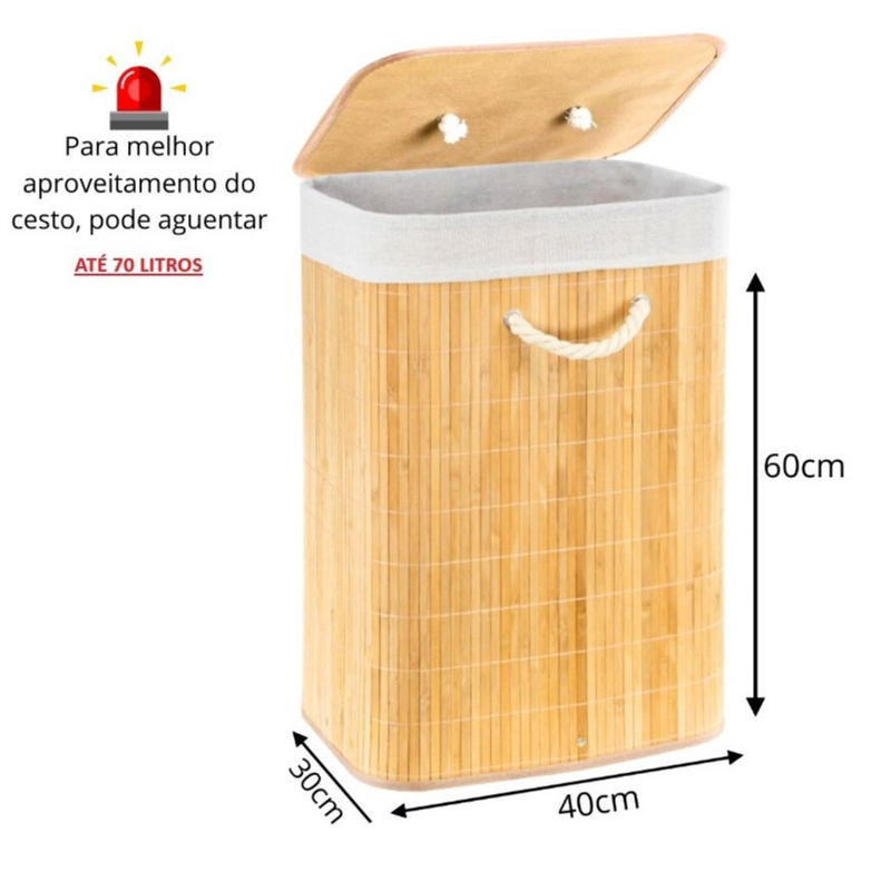 Cesto de Roupa Bambu Retangular Redondo Com Tampa Cesto Organizador Roupa Suja Alças Banheiro Bege
