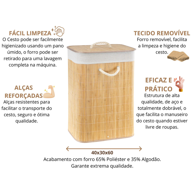 Cesto de Roupa Bambu Retangular Redondo Com Tampa Cesto Organizador Roupa Suja Alças Banheiro Bege